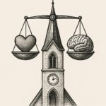 Illustratie van een kerkgebouw met een weegschaal erboven, met aan de ene kant een hart en aan de andere kant een brein.