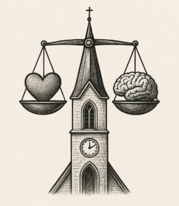Illustratie van een kerkgebouw met een weegschaal erboven, met aan de ene kant een hart en aan de andere kant een brein.