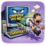 Cartoon van een boze computer die een man uitspuwt, met de tekst "Computer says no" en "Fwoooosh!" — een kritische illustratie van digitale ontmenselijking en systeemdenken.
