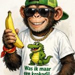 Aap met zonnebril en banaan, T-shirt met krokodil en tekst “Was ik maar een krokodil”.