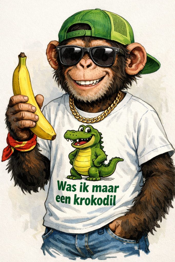 Illustratie van een aap met zonnebril en banaan, met de tekst “Was ik maar een krokodil”, als verwijzing naar waarom het leven zo complex is.