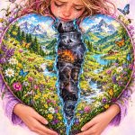 Illustratie van een huilende vrouw die een kleurrijke natuur vol bloemen, vlinders en bergen omarmt. Haar tranen onthullen de donkere kant van het leven, met ouderdom, ziekte, verlies en dood.