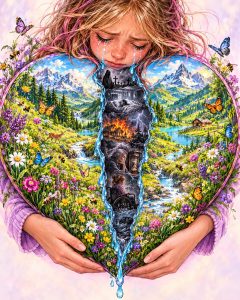 Illustratie van een huilende vrouw die een kleurrijke natuur vol bloemen, vlinders en bergen omarmt. Haar tranen onthullen de donkere kant van het leven, met ouderdom, ziekte, verlies en dood.