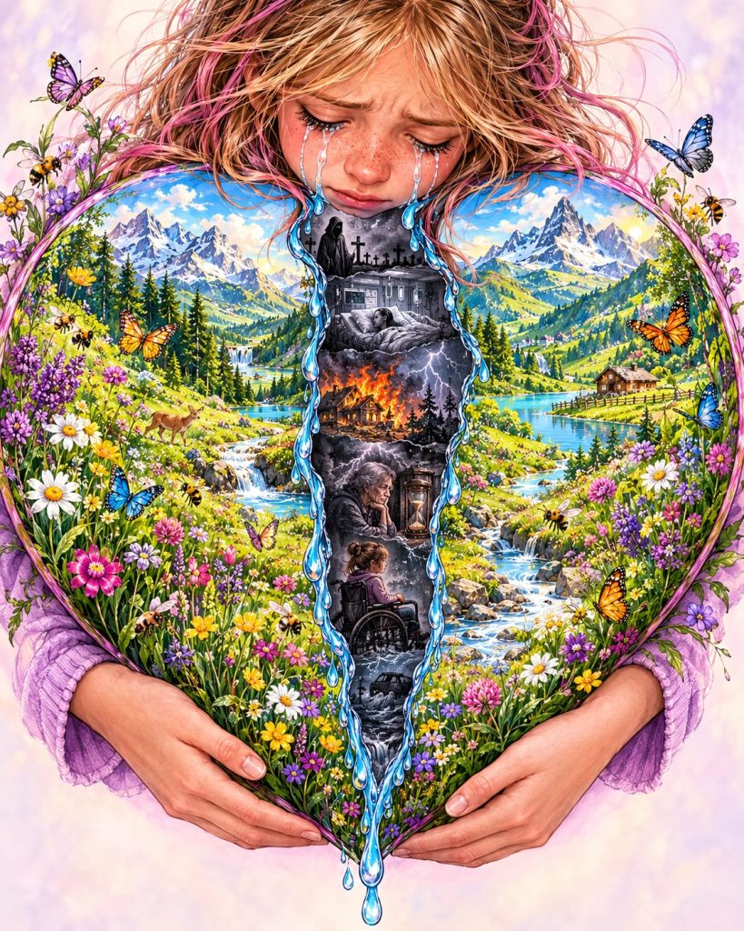 Illustratie van een huilende vrouw die een kleurrijke natuur vol bloemen, vlinders en bergen omarmt. Haar tranen onthullen de donkere kant van het leven, met ouderdom, ziekte, verlies en dood.